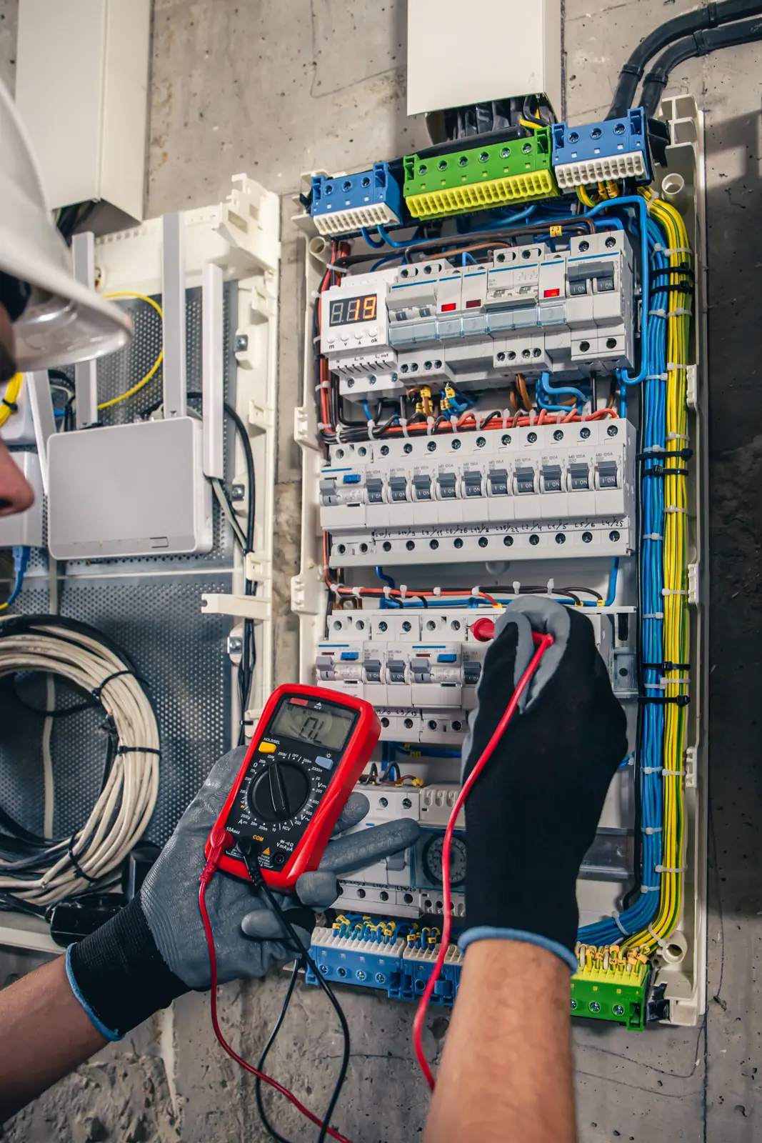 Professional electrical installation with inverter, protection devices and distribution boards