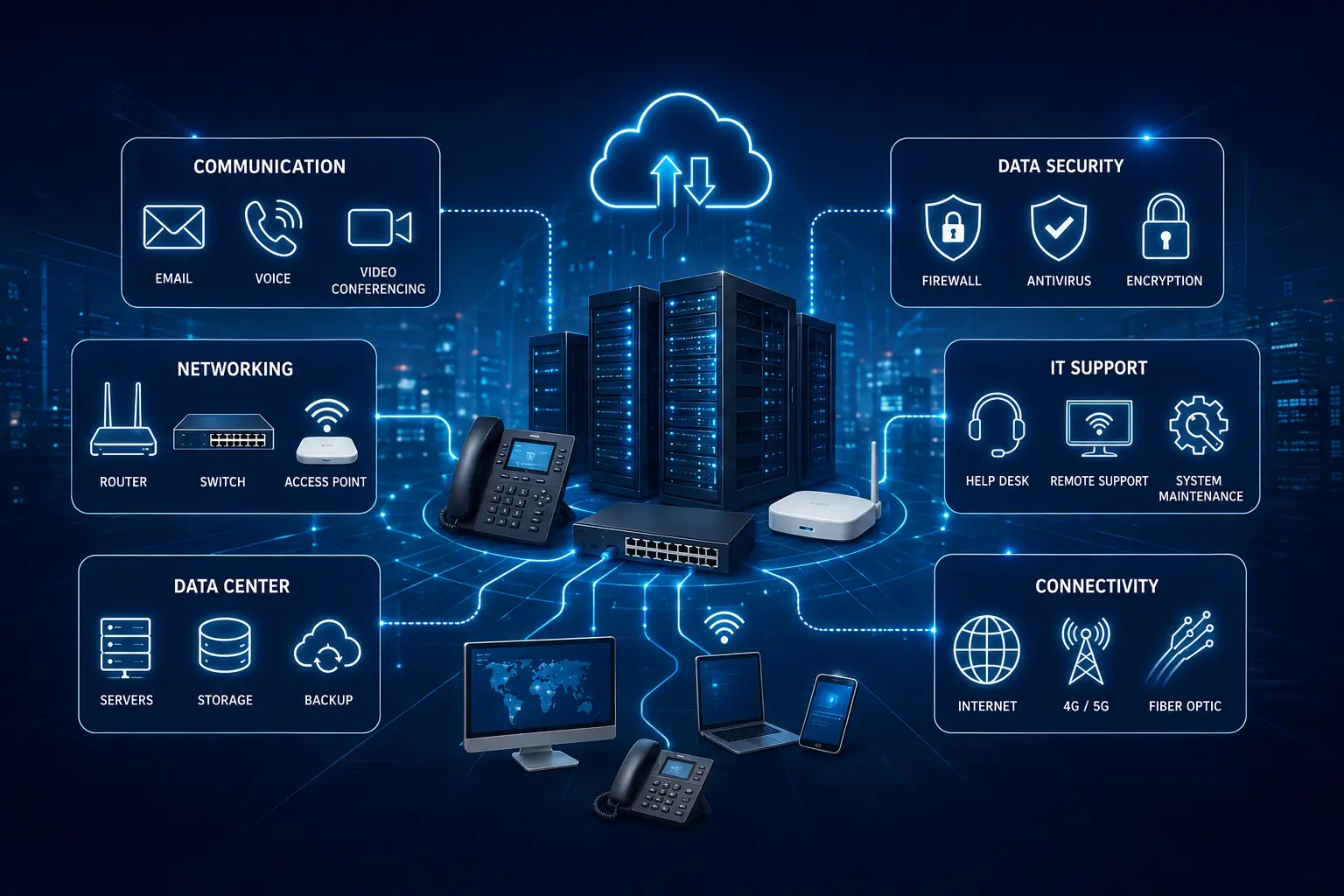 ICT networking and smart connectivity infrastructure for a commercial facility